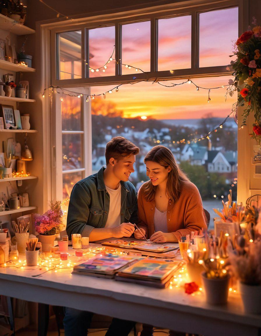 A cozy scene of a couple crafting together, surrounded by colorful materials and heartfelt decorations, showcasing a warm glow from fairy lights. In the background, a window displays a beautiful sunset, symbolizing romance and connection. Soft pastel colors enhance the warmth of the moment. painting. vibrant colors. soft focus.