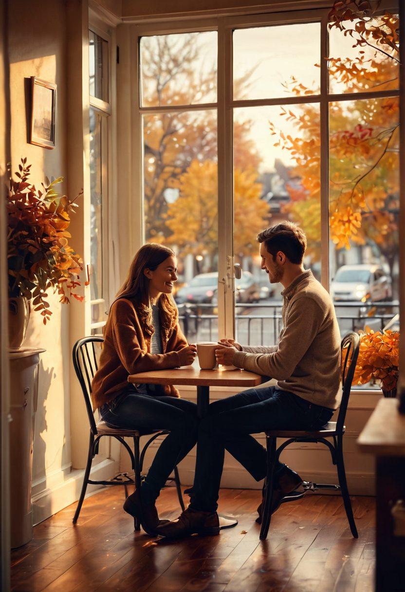 A heartwarming scene depicting a couple in a cozy café, sharing an intimate conversation over coffee, surrounded by warm, glowing lights. The background features soft, blurred autumn leaves and a gentle sunset outside the window, creating a romantic ambiance. The couple’s expressions are filled with affection and understanding, representing deep emotional connection. painterly style. warm tones. soft focus.