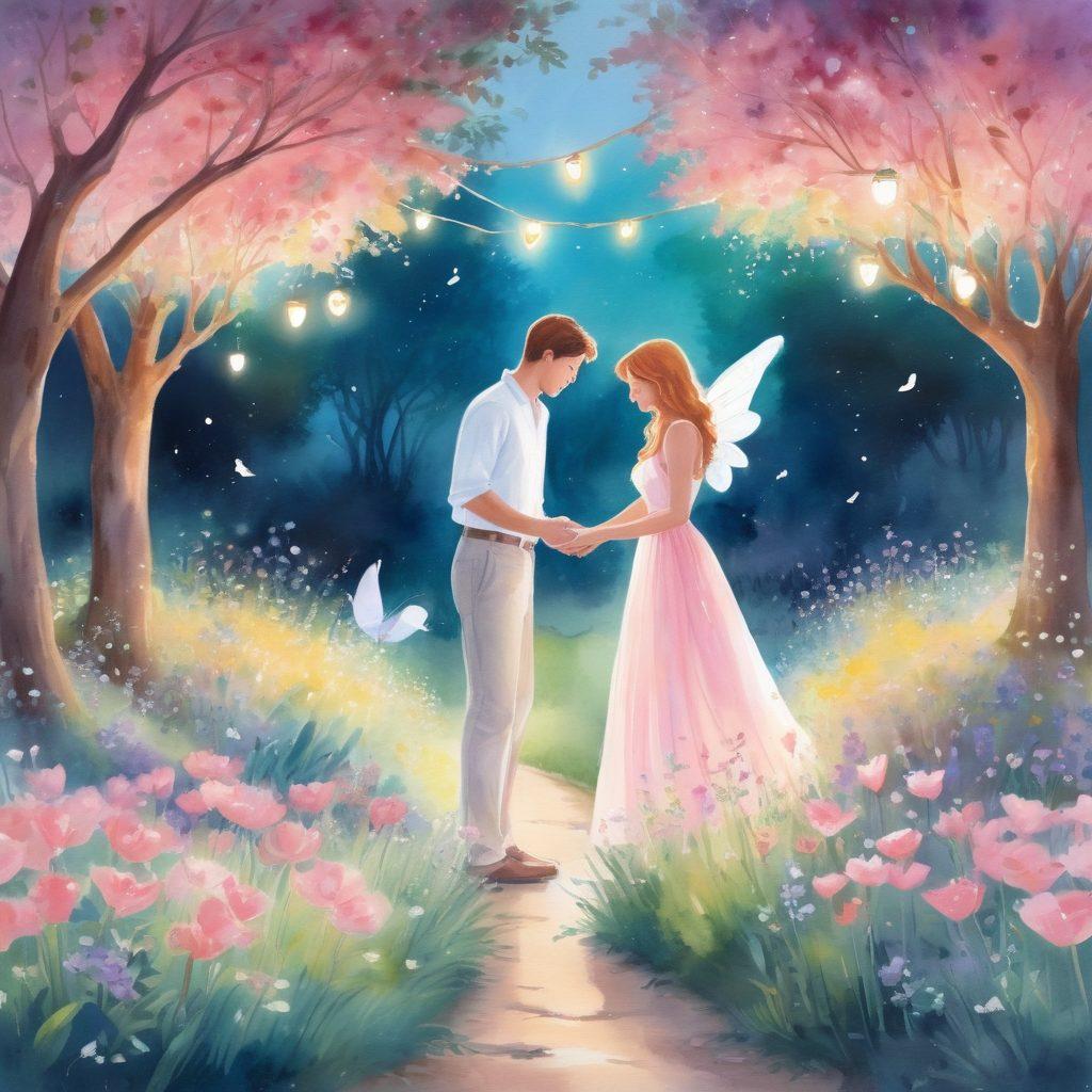 A whimsical illustration of a couple sharing intimate moments in a dreamy, enchanting garden, surrounded by blooming flowers and twinkling fairy lights. Include symbolic elements like love letters, hand-holding silhouettes, and heart-shaped petal pathways. The atmosphere should evoke warmth, romance, and connection, conveying the essence of deepening love. watercolor style. pastel colors. soft focus.